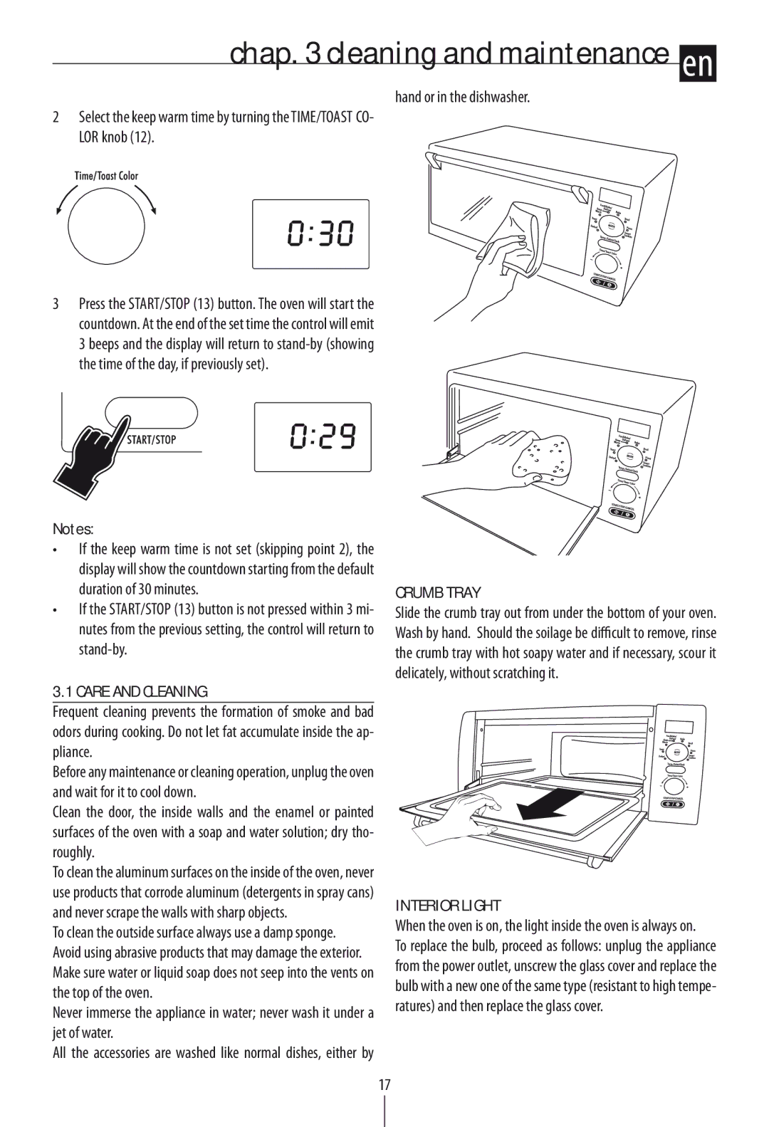 DeLonghi DO1289 manual CARE AND Cleaning, Crumb tray, Interior light, Hand or in the dishwasher 